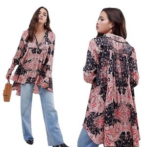 FREE People Oversized Boho Field of Butterflies PulloverPaisley Tunic Blouse XS